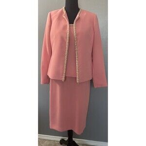 Kasper Womens 8P Formal 3 Piece Skirt Suit Beaded Trim Jacket Peach Outfit EUC